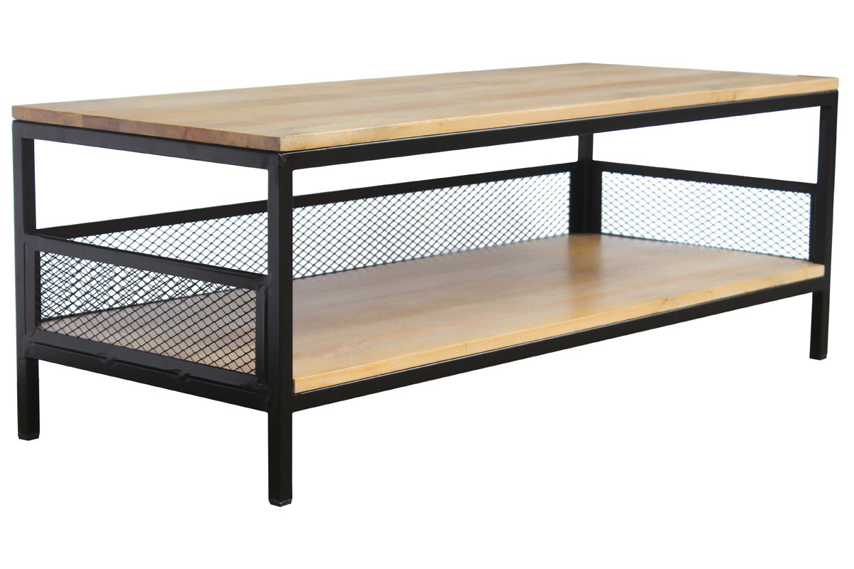 Table basse rectangulaire industrielle bois clair manguier massif et m�tal noir L110 cm RACK