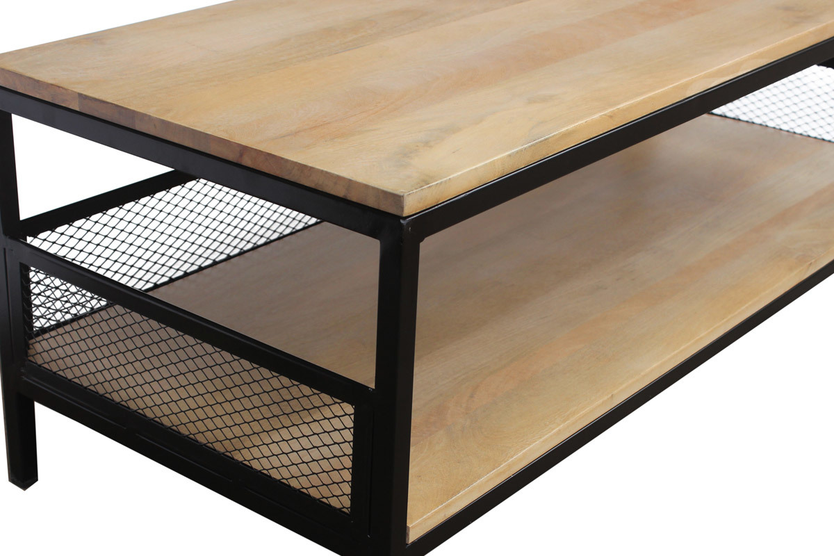 Table basse rectangulaire industrielle bois clair manguier massif et m�tal noir L110 cm RACK