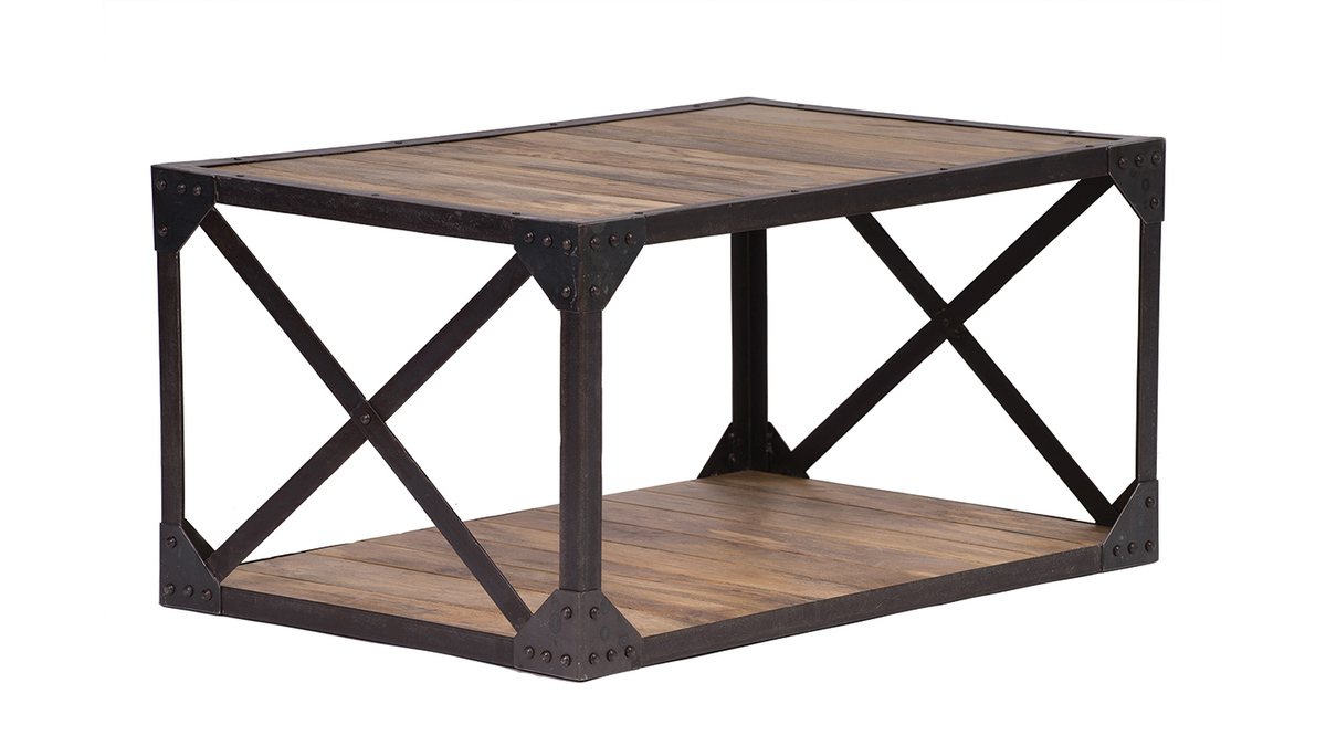 Table basse rectangulaire industrielle bois manguier massif et métal noir L90 cm ATELIER