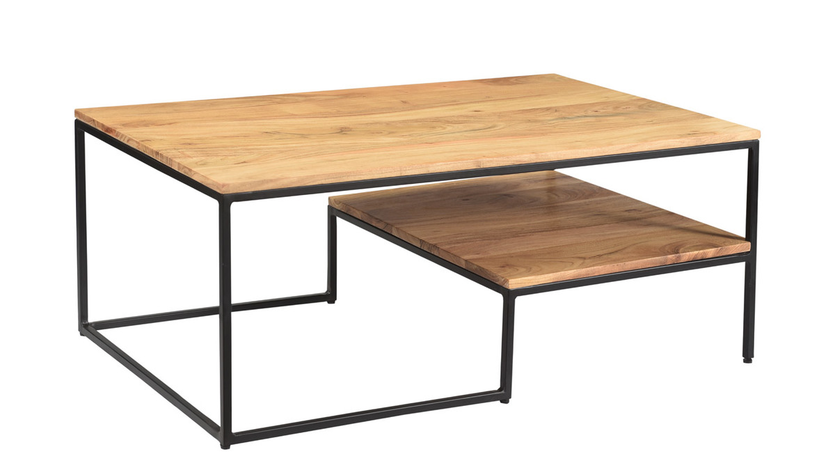 Table basse rectangulaire industrielle bois massif et métal noir L100 cm YONA