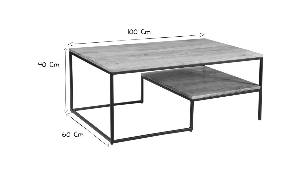 Table basse rectangulaire industrielle bois massif et métal noir L100 cm YONA