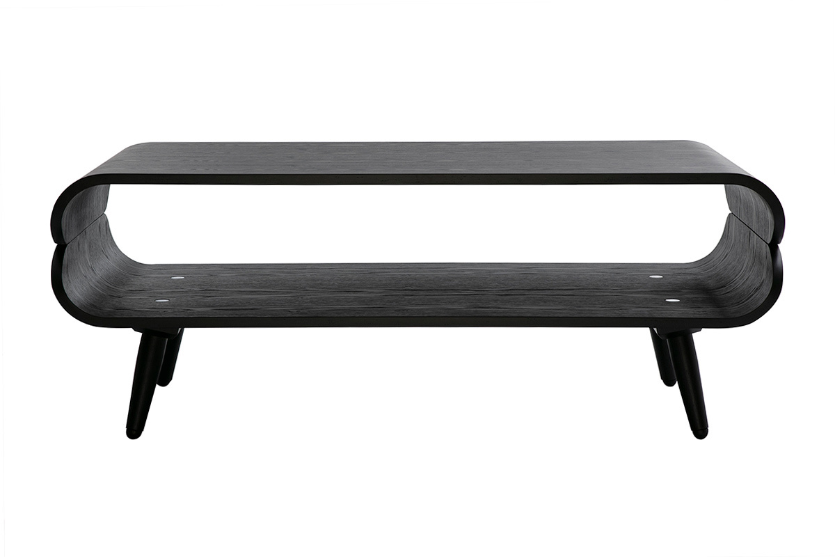 Table basse rectangulaire scandinave en bois noir, vue de face, avec espace de rangement en dessous.