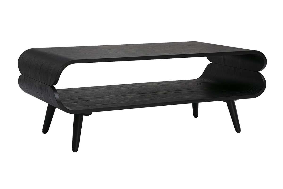 Table basse rectangulaire scandinave en bois noir, vue de 3/4, avec espace de rangement.