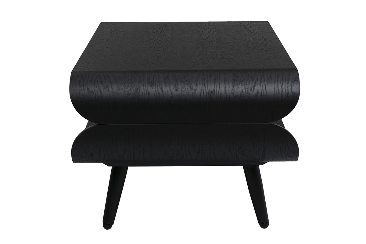 Table basse rectangulaire scandinave en bois noir avec design arrondi, vue de profil