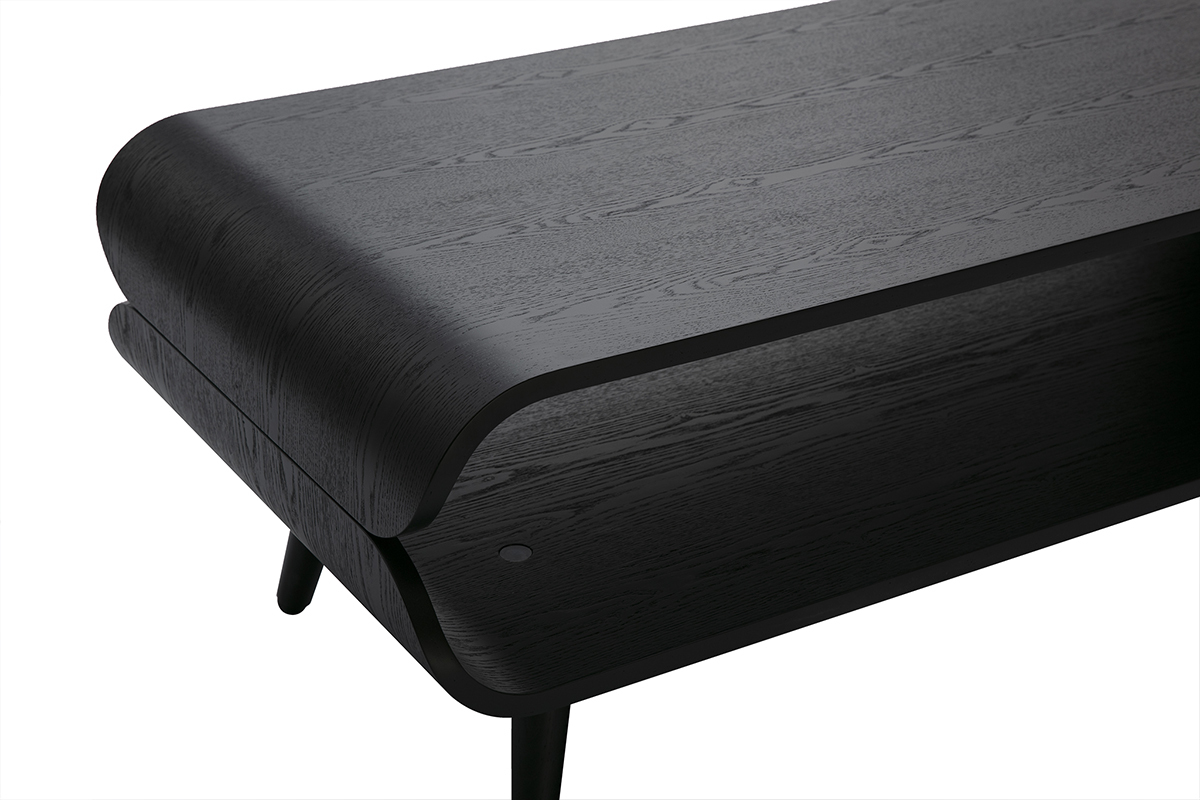 Table basse rectangulaire scandinave en bois noir, vue de 3/4, avec espace de rangement int�gr�.
