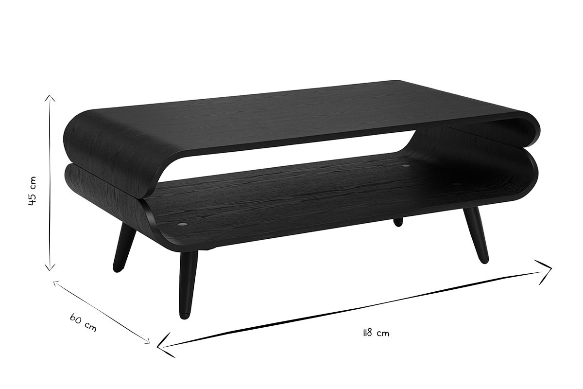 Dimensions de la table basse rectangulaire TAKLA en noir et blanc, L118 cm, H45 cm, P60 cm.