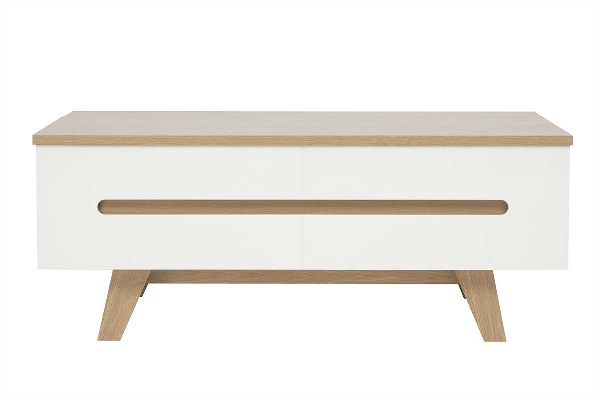 Table basse relevable blanche laqu�e avec plateau en bois clair, vue de face