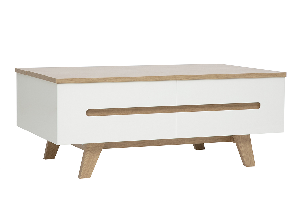 Table basse relevable blanche laqu�e avec plateau en bois clair, vue de trois-quarts.