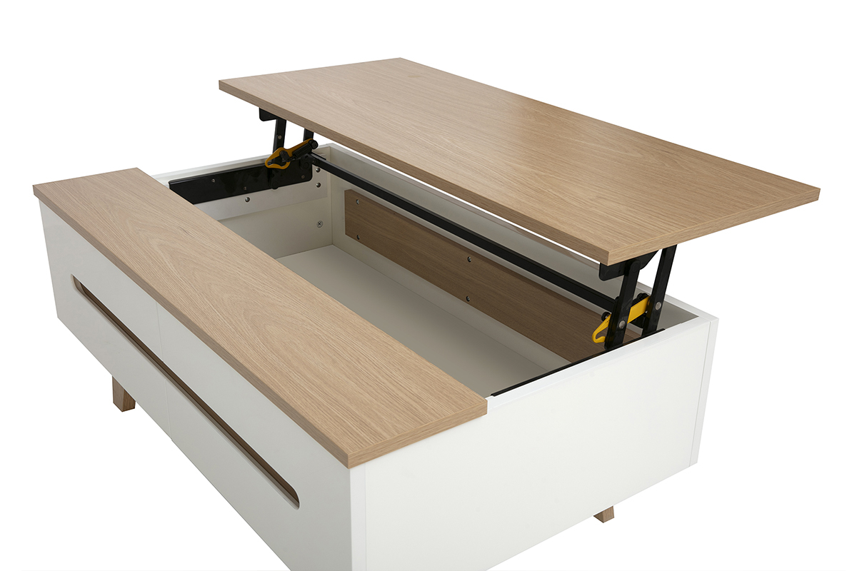 Table basse relevable blanche laqu�e avec plateau en bois clair, vue de dessus, compartiment de rangement ouvert.