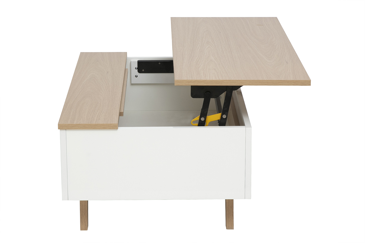 Table basse relevable blanche laqu�e avec plateau en bois clair, vue de c�t�, tiroir ouvert