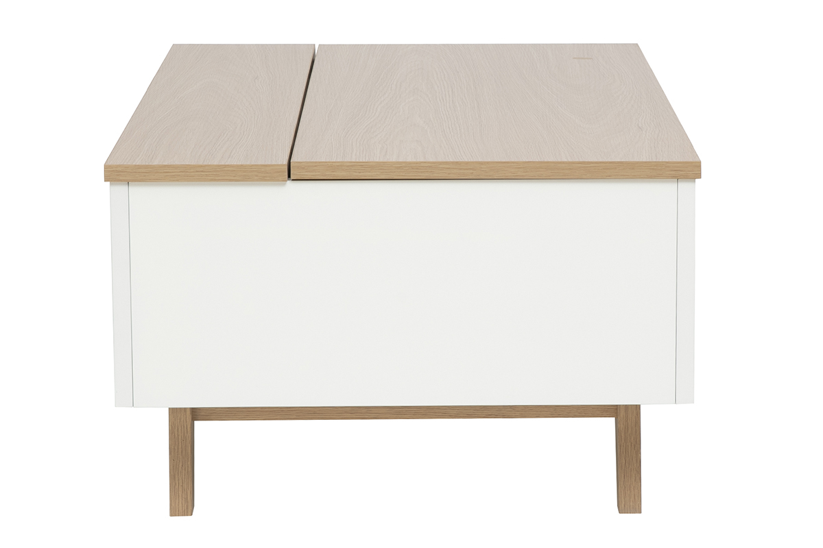 Table basse relevable blanche laqu�e avec plateau en bois clair, vue de profil.