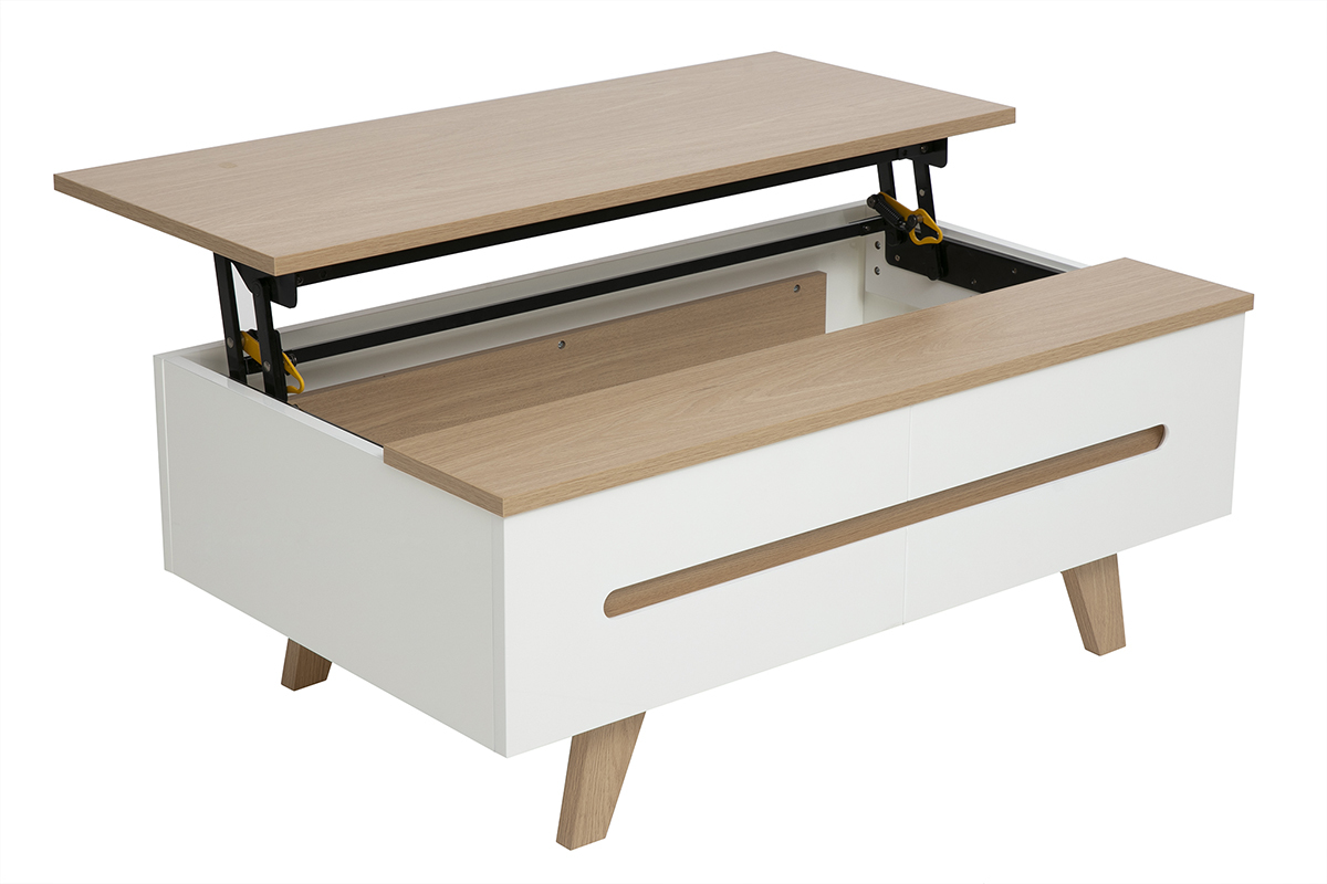 Table basse relevable blanche laqu�e avec plateau bois clair, vue de trois quarts, rangement int�gr� ouvert.