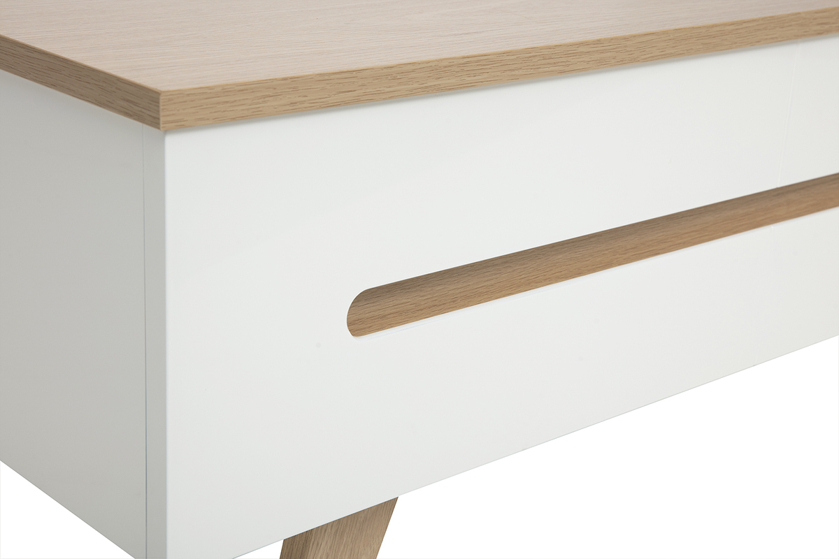 Table basse relevable blanche laqu�e avec plateau bois clair, vue en d�tail