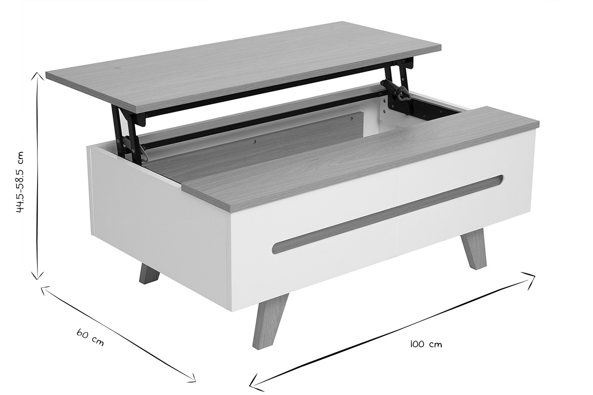 Dimensions de la table basse MELKA en noir et blanc: 100 cm x 60 cm, hauteur 44.5-58.5 cm.