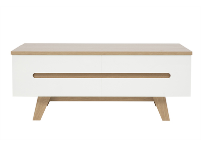 Table basse relevable blanche laqu&eacute;e brillante et finition bois clair L100 cm MELKA