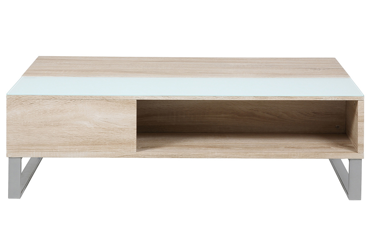Table basse relevable bois clair et verre fum� blanc WYNN