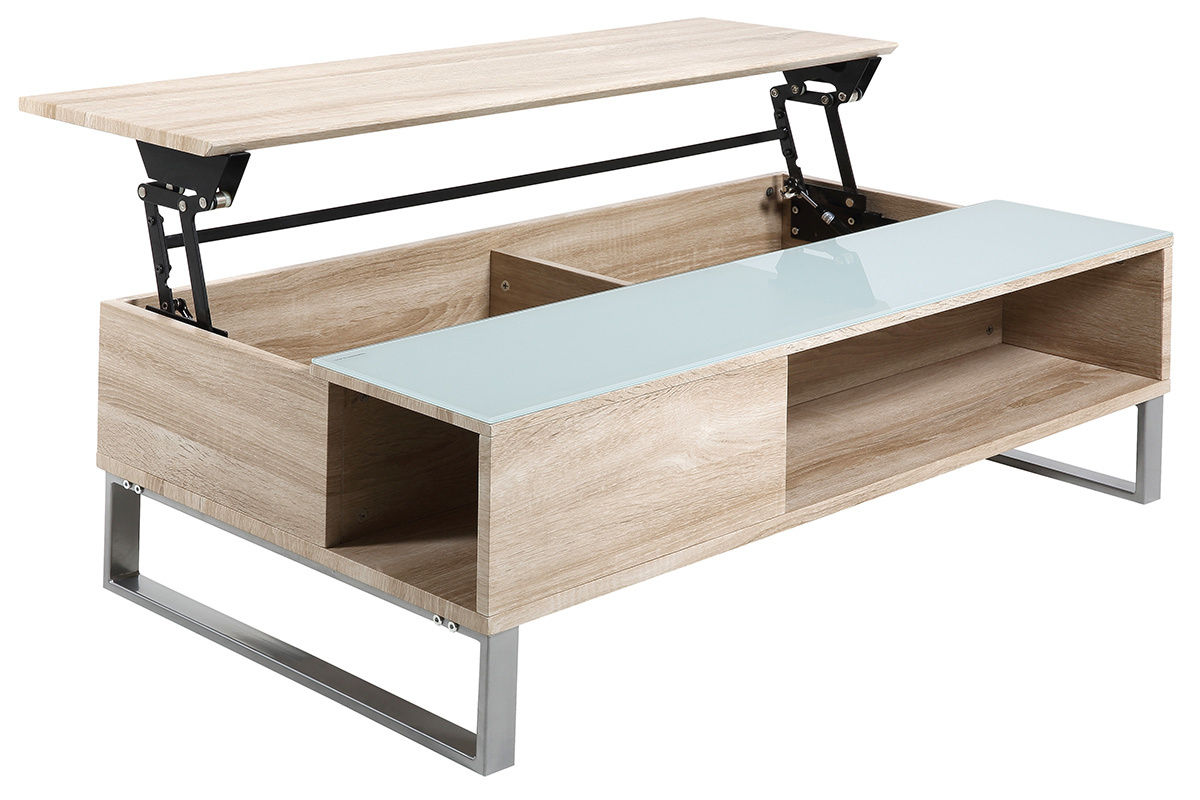Table basse relevable bois clair et verre fum� blanc WYNN