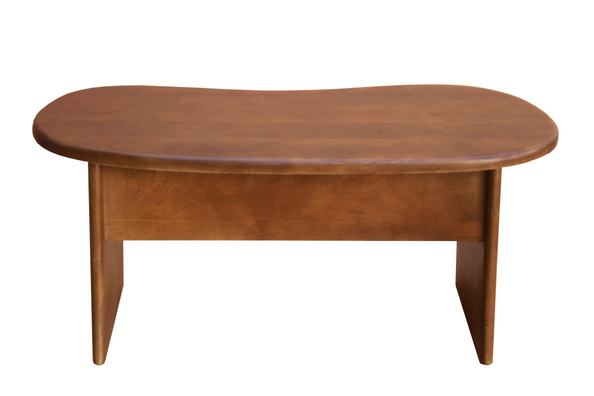 Table basse relevable design haricot en bois manguier massif, vue de dos.