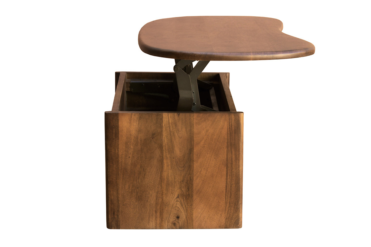 Table basse relevable en bois manguier avec rangement, vue de c�t�, design haricot, L95 cm.