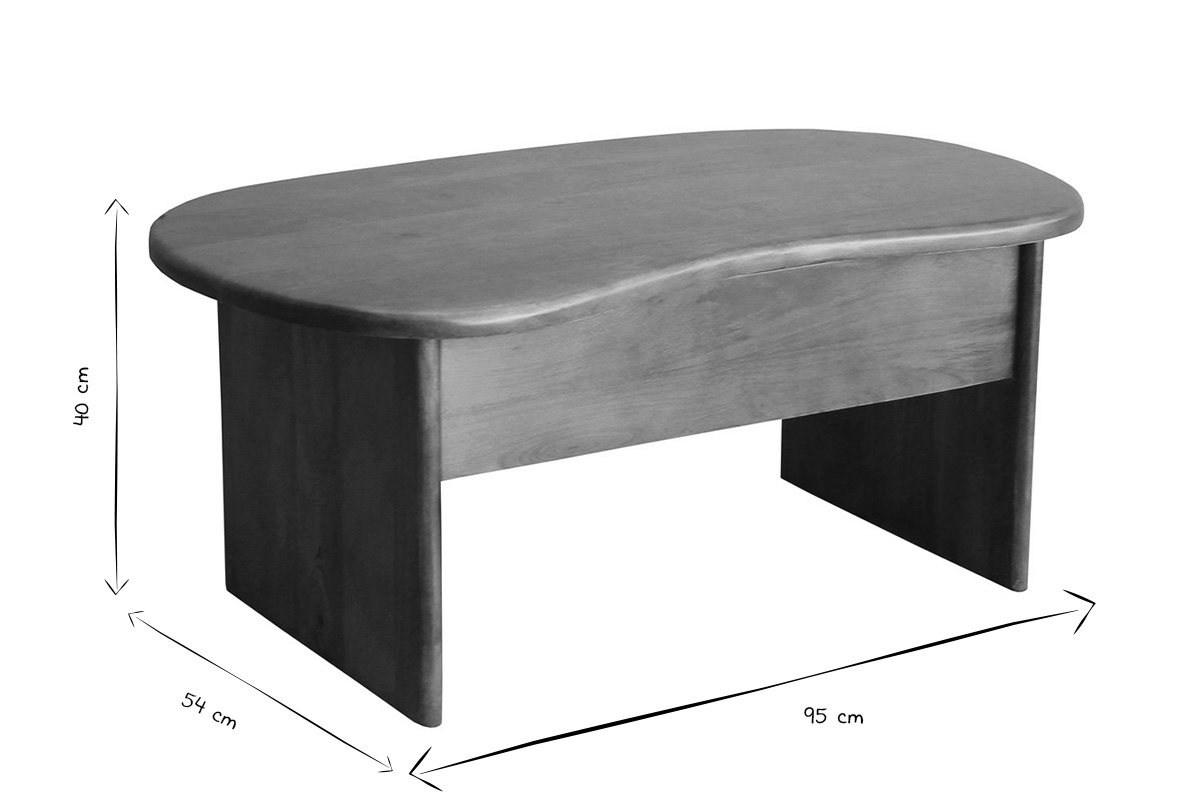 Table basse relevable dessin�e haricot avec dimensions L95 x P54 x H40 cm en noir et blanc
