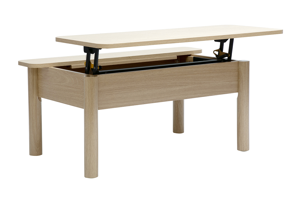Table basse relevable bois chne L100 cm BOLSO avec finition moderne, mcanisme ajustable et espace de rangement.
