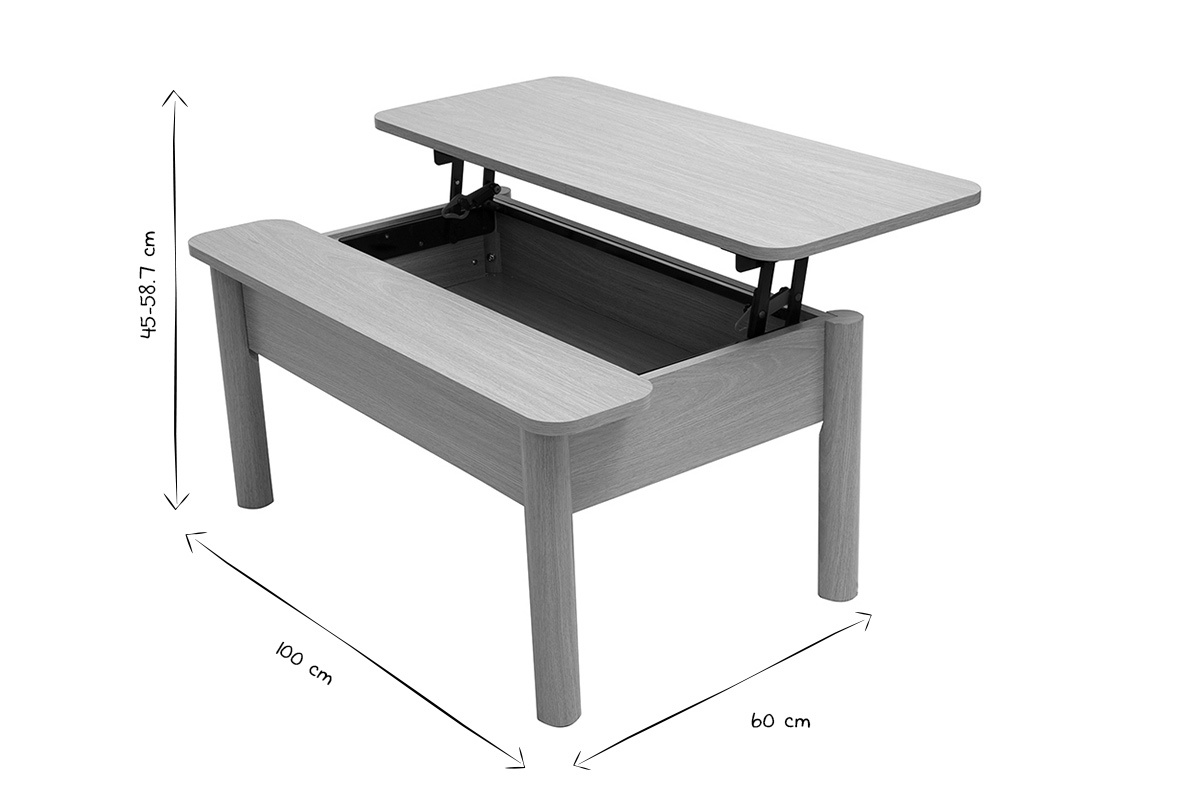 Table basse relevable bois chne L100 cm, rglable en hauteur avec rangement intgr, design moderne.