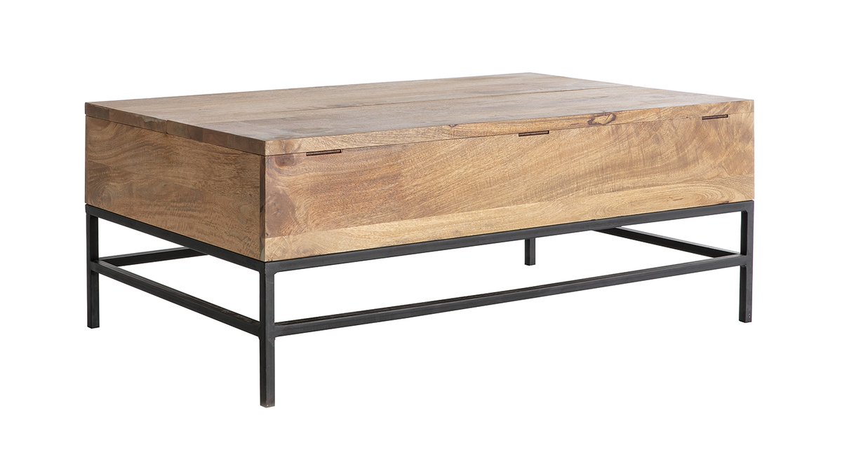 Table basse relevable industrielle bois manguier massif et mtal noir L110 cm YPSTER