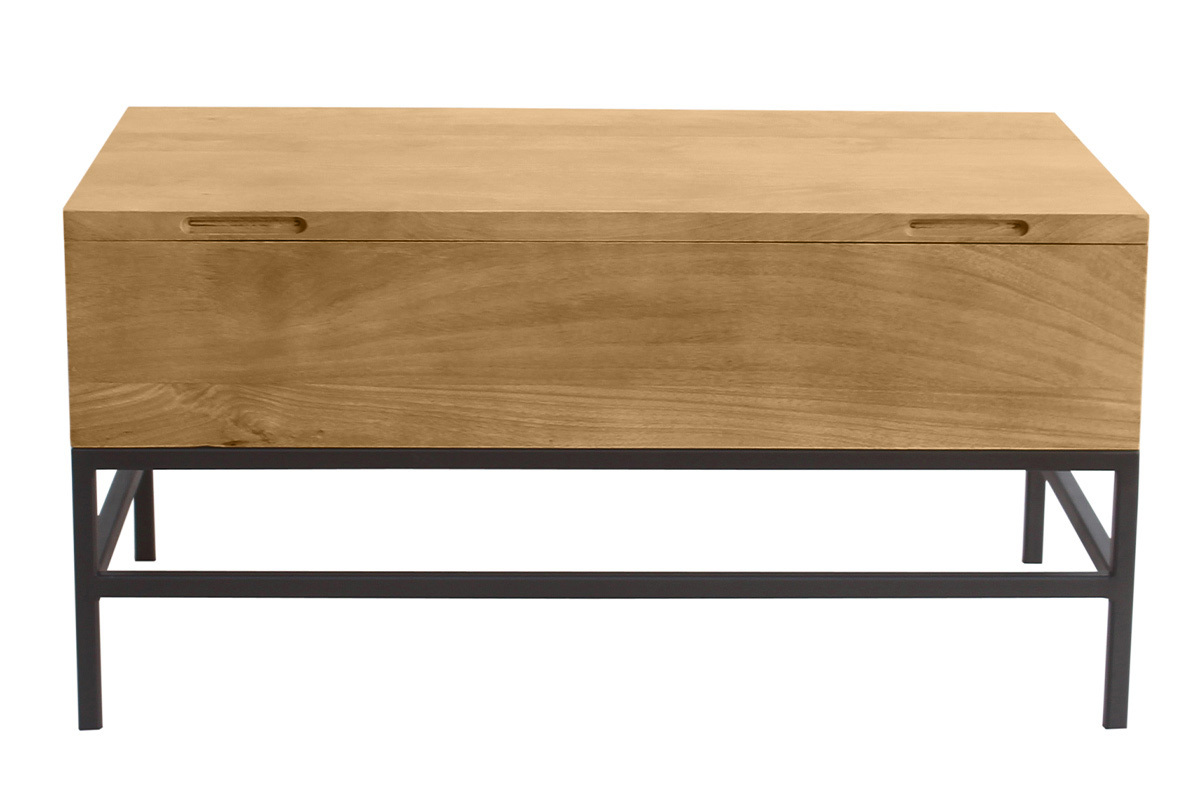 Table basse industrielle bois manguier massif et mtal noir, plateau relevable, L90 cm YPSTER.