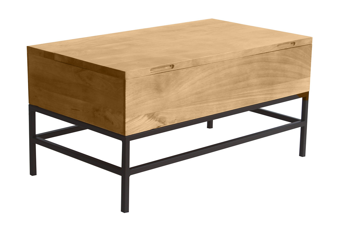 Table basse industrielle en bois de manguier massif et mtal noir avec plateau relevable, dimensions 90 cm.