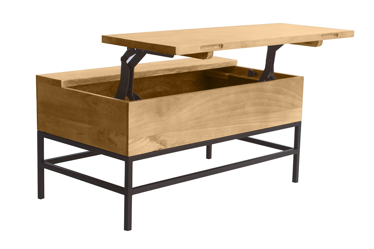 Table basse relevable industrielle en bois de manguier et mtal noir.