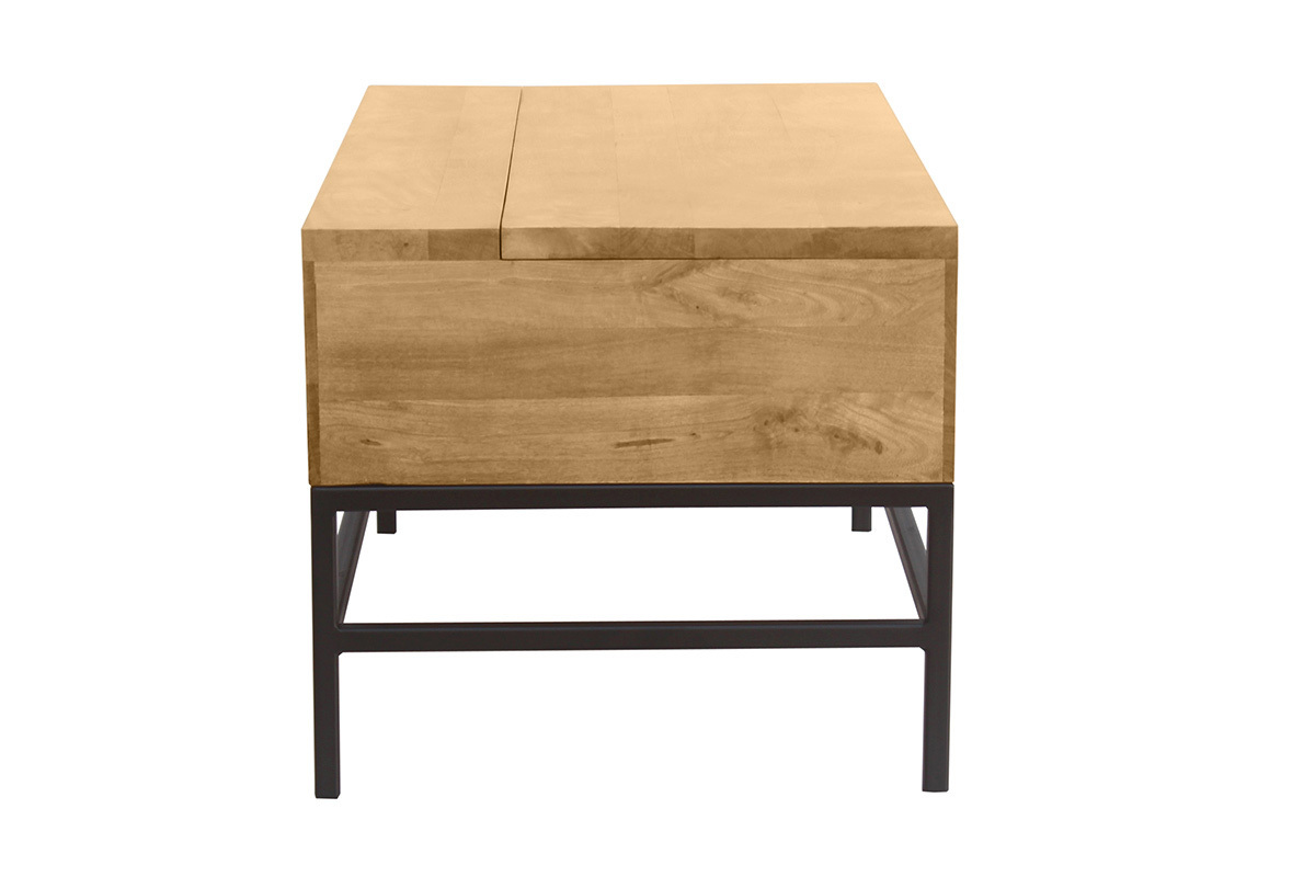 Table basse industrielle bois manguier et mtal noir avec plateau relevable, dimensions 90x50x45 cm YPSTER