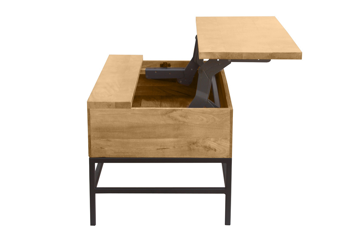 Table basse industrielle bois manguier massif et mtal noir 90 cm avec plateau relevable et rangement