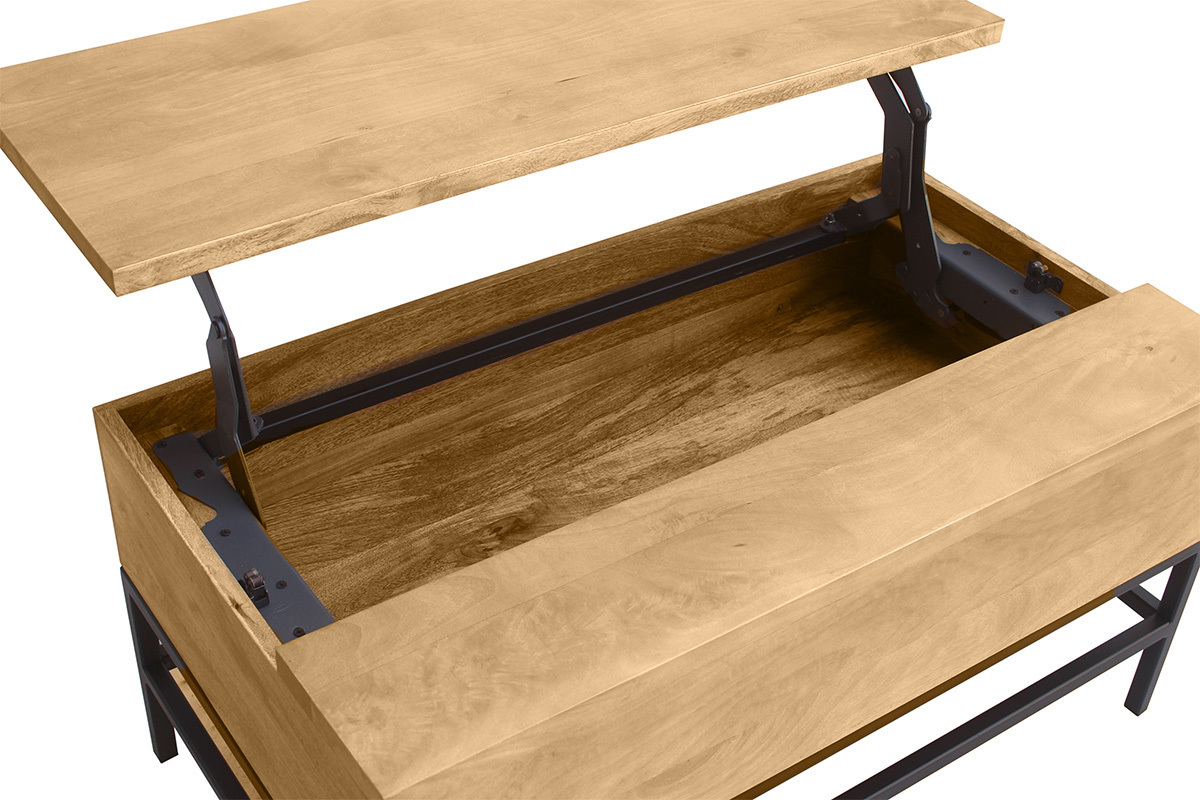 Table basse relevable en bois de manguier massif avec mtal noir, modle industriel YPSTER, L90 cm