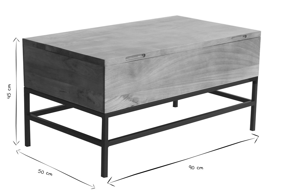 Table basse relevable en bois de manguier massif et mtal noir, dimensions L90 x P50 x H45 cm.