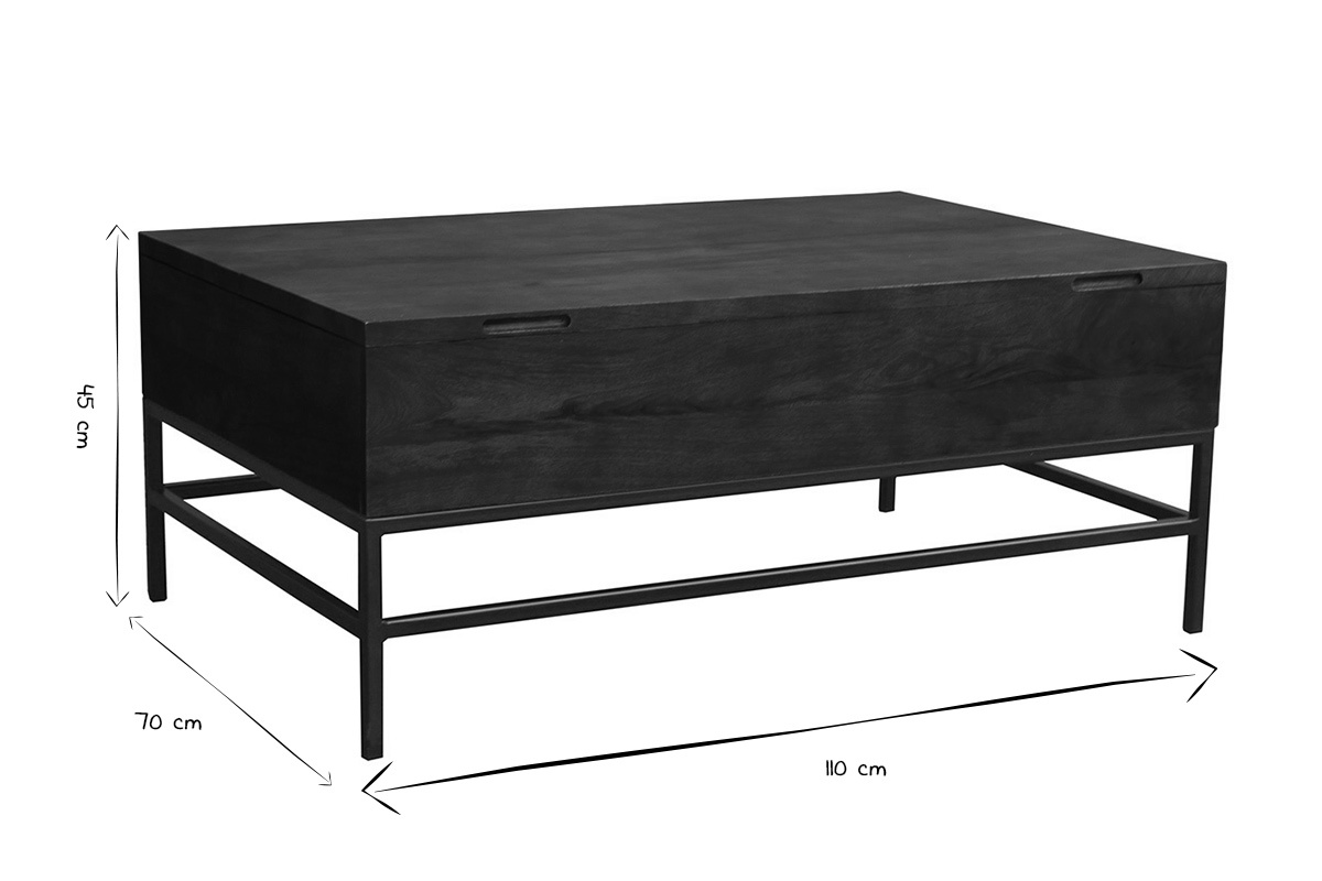 Table basse relevable industrielle en vue d'angle avec dimensions 110x70x45 cm en noir et blanc.