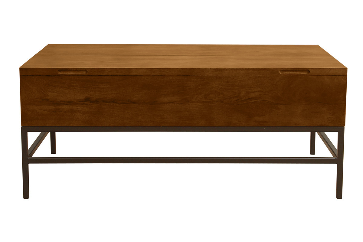 Table basse relevable en bois manguier et mtal noir, vue de face.