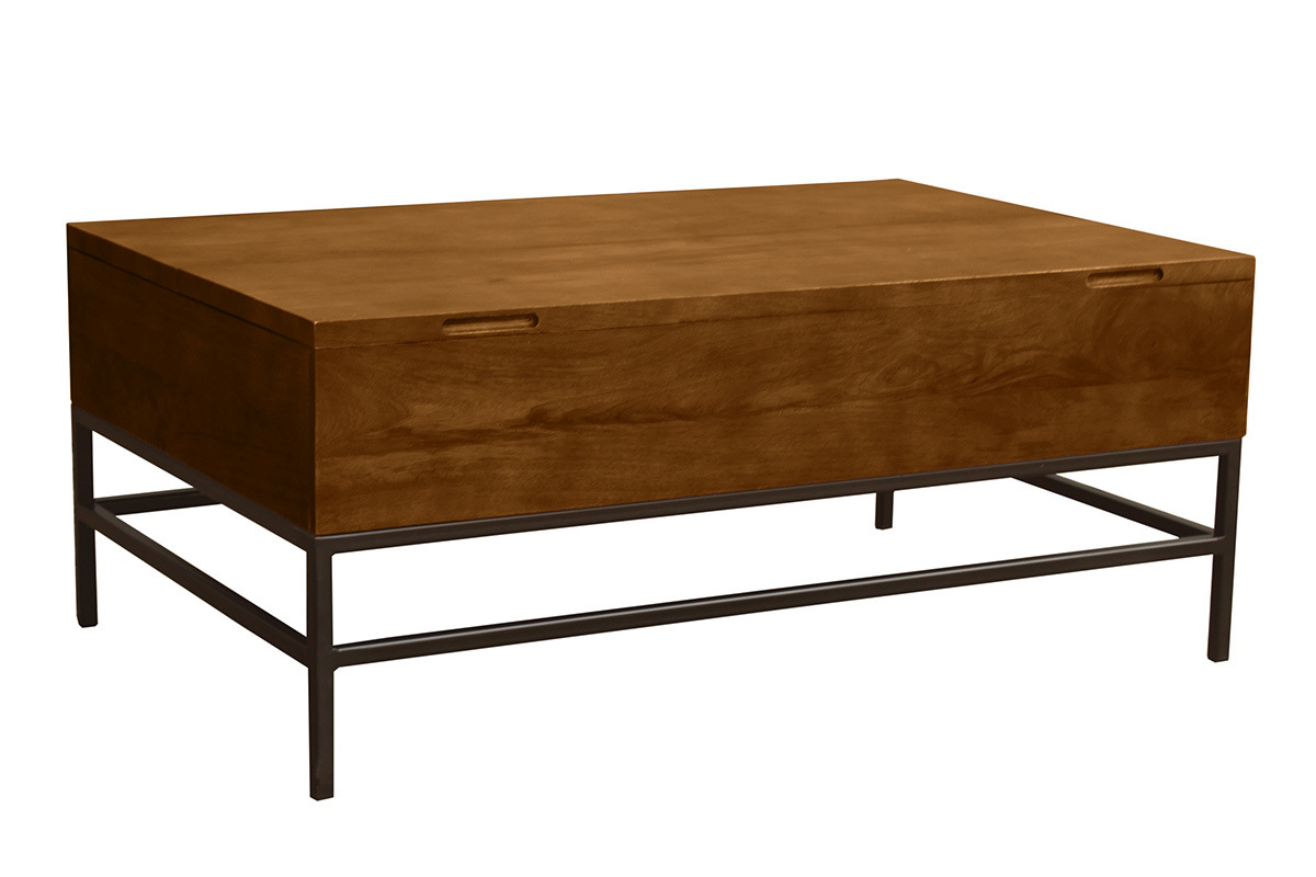 Table basse industrielle en manguier teint et mtal noir, vue 3/4.