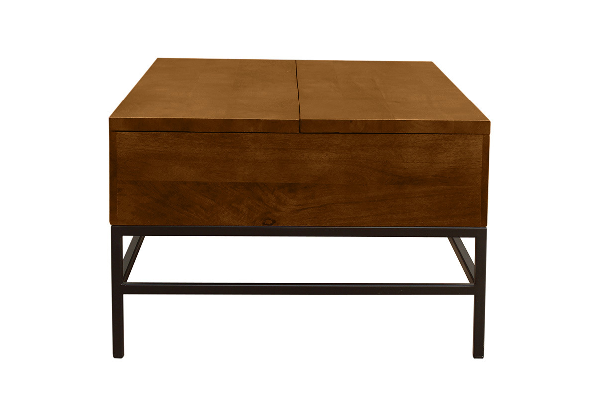 Table basse en bois manguier avec structure mtal noir, vue de profil.