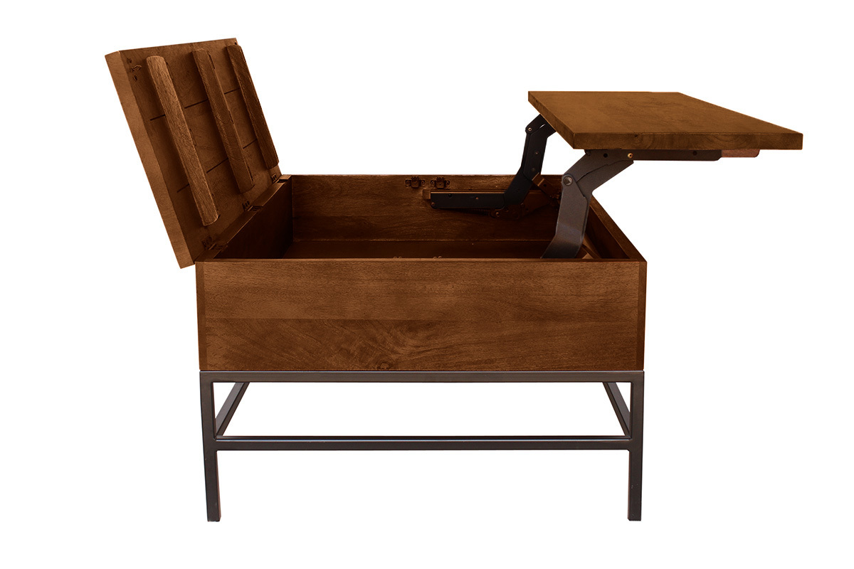 Table basse relevable manguier et mtal, vue de ct avec plateau ouvert.