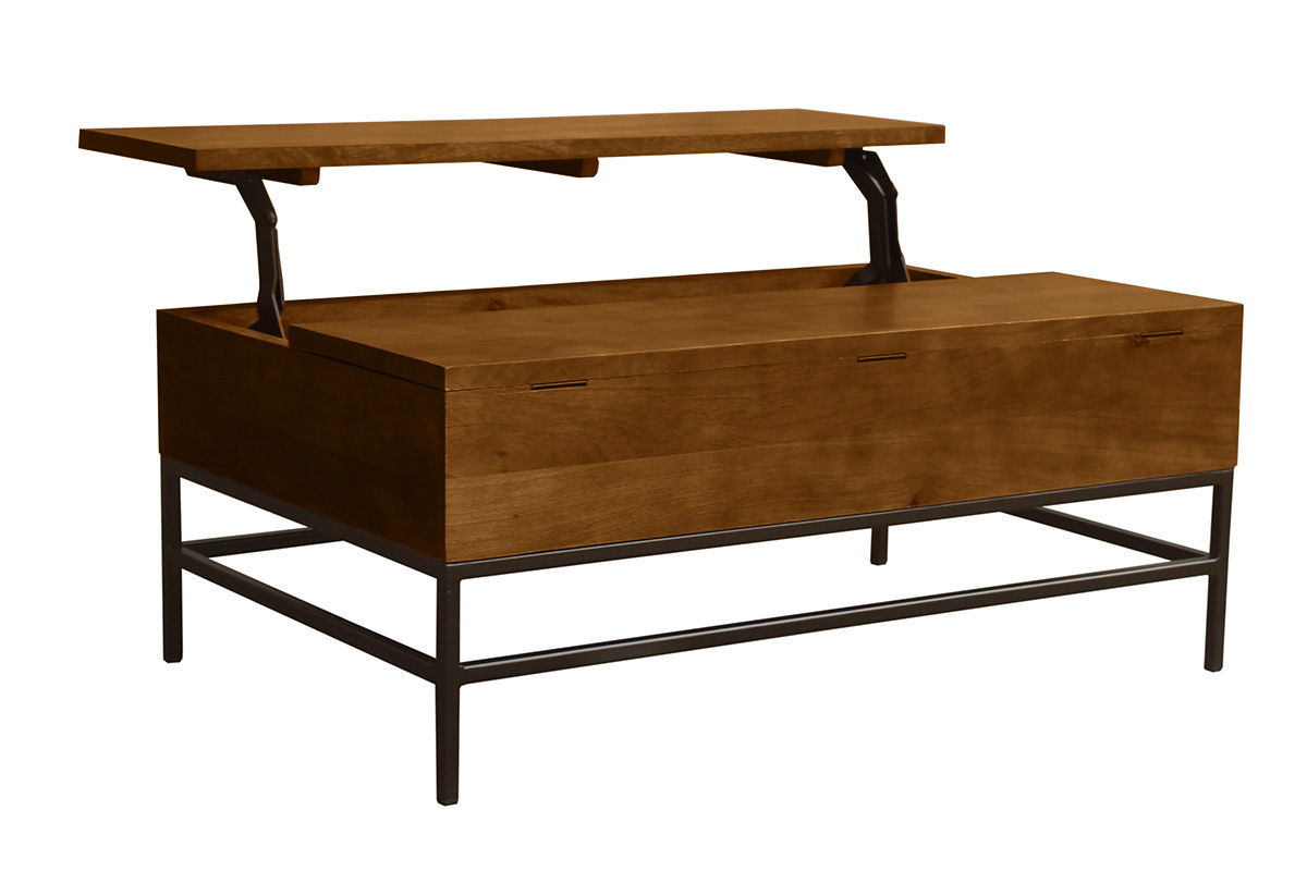 Table basse en manguier et mtal avec plateau relevable, vue de 3/4.