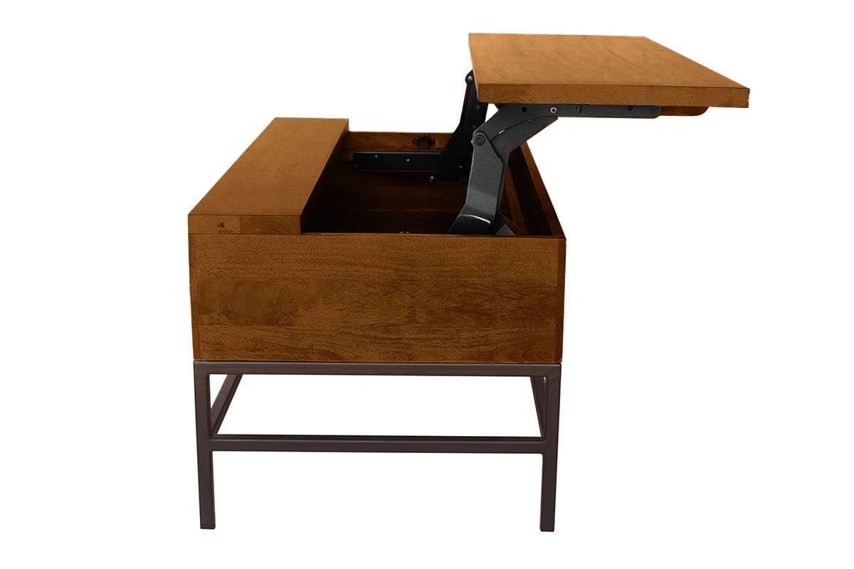 Table basse relevable industrielle en bois de manguier teint et mtal noir, 90 cm de long, modle YPSTER.