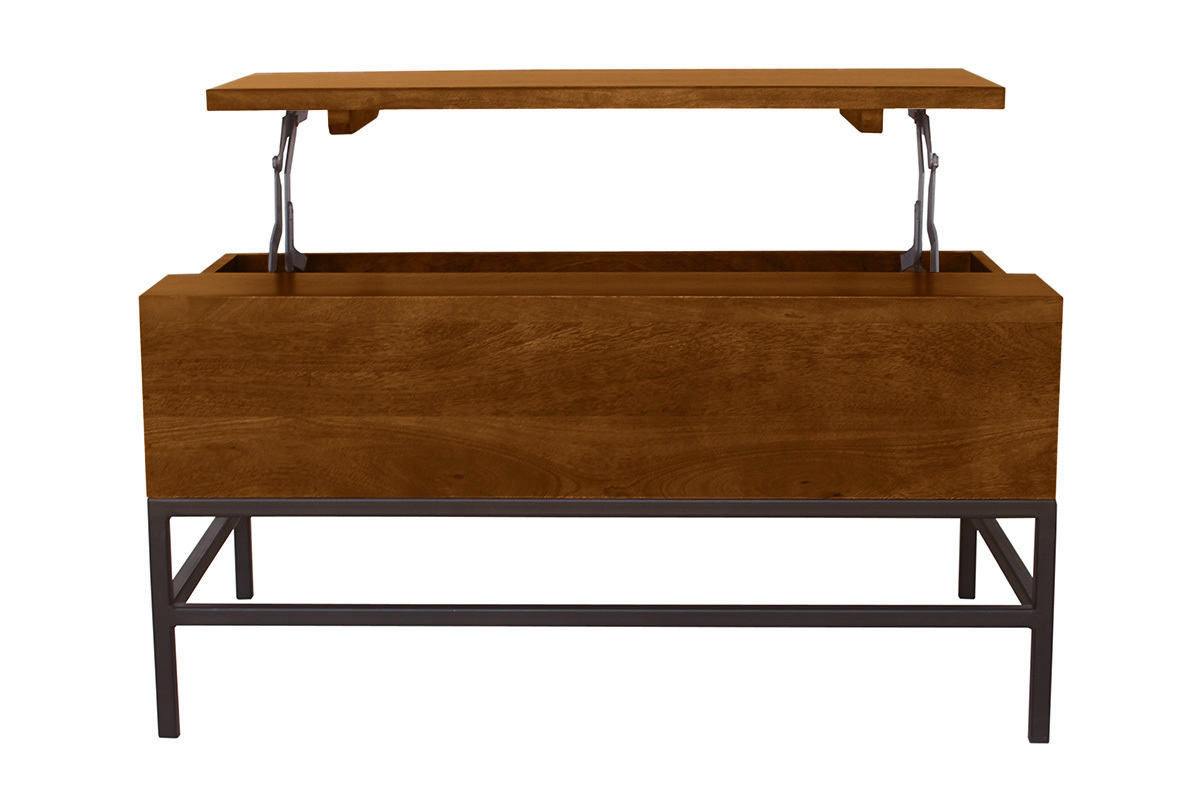 Table basse relevable industrielle bois manguier massif teint� et m�tal noir L90 cm YPSTER