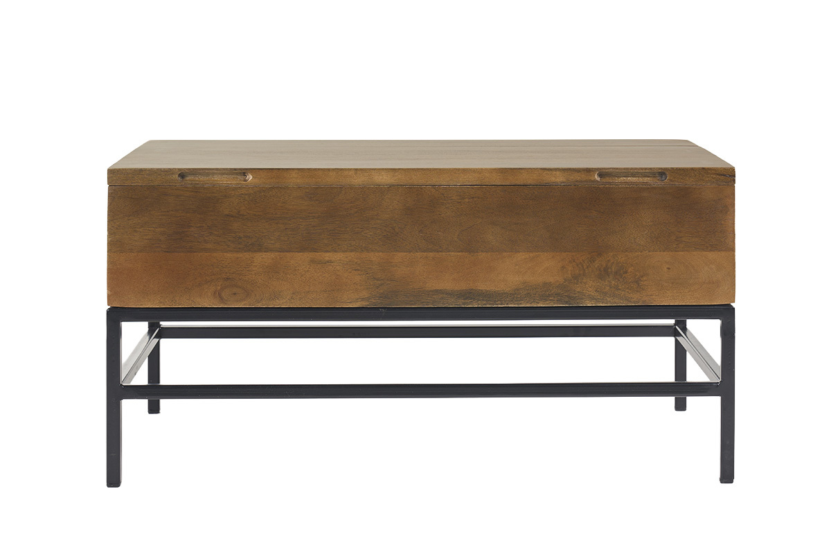 Table basse relevable industrielle en bois manguier massif et m�tal noir, vue de face, L90 cm.