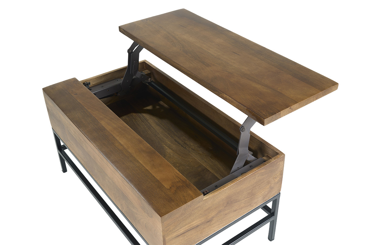 Table basse relevable industrielle en bois de manguier massif teint� avec plateau ouvert, m�tal noir, vue en plong�e.