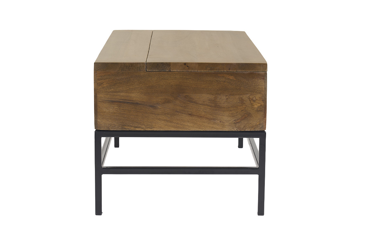 Table basse relevable industrielle en bois manguier et m�tal noir, vue de profil