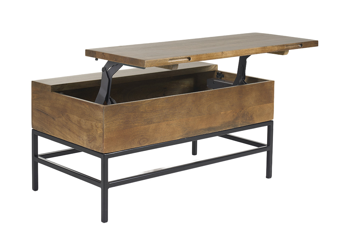 Table basse relevable en bois manguier teint� et m�tal noir, vue de trois quarts avec plateau ouvert.