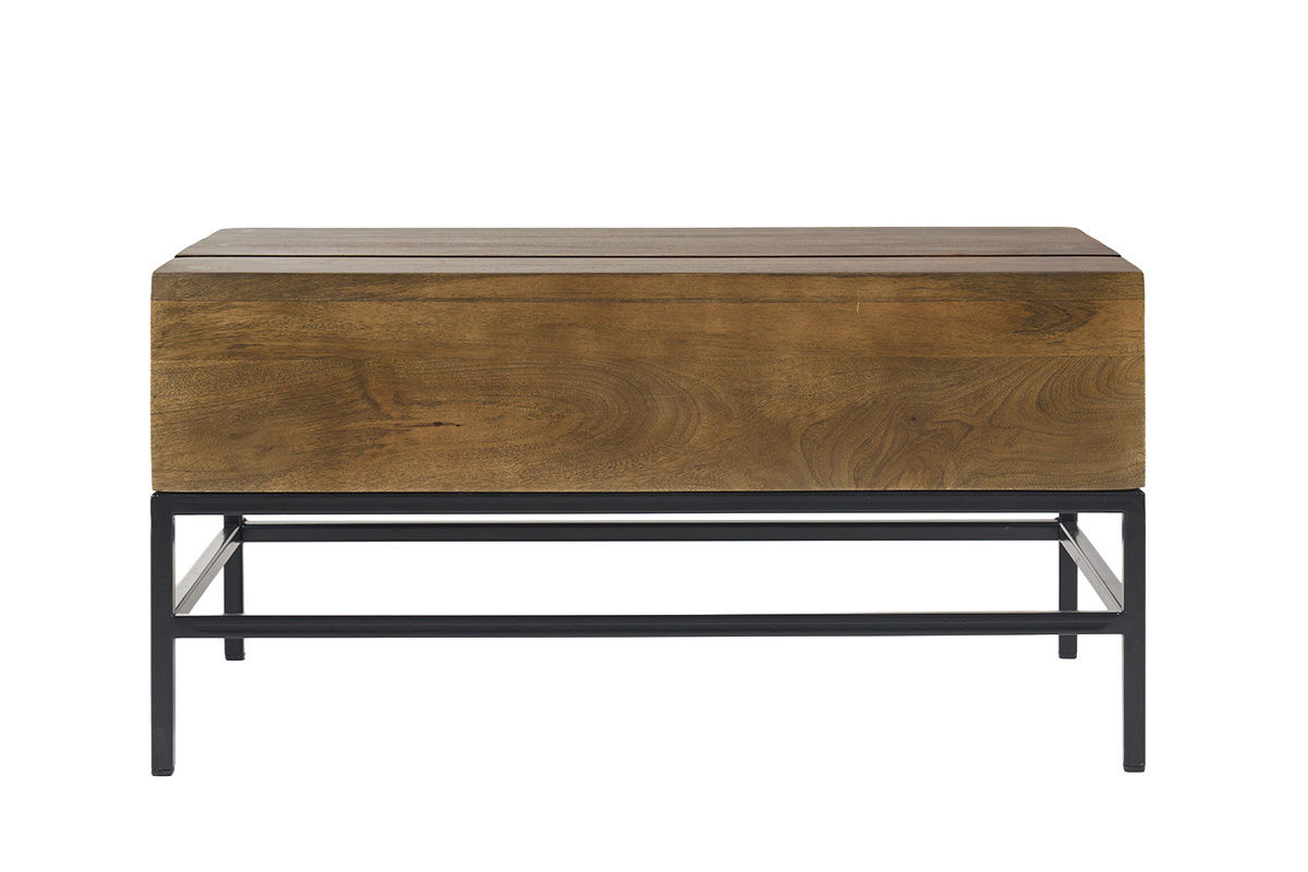 Table basse relevable industrielle en bois de manguier massif et m�tal noir, vue de dos.