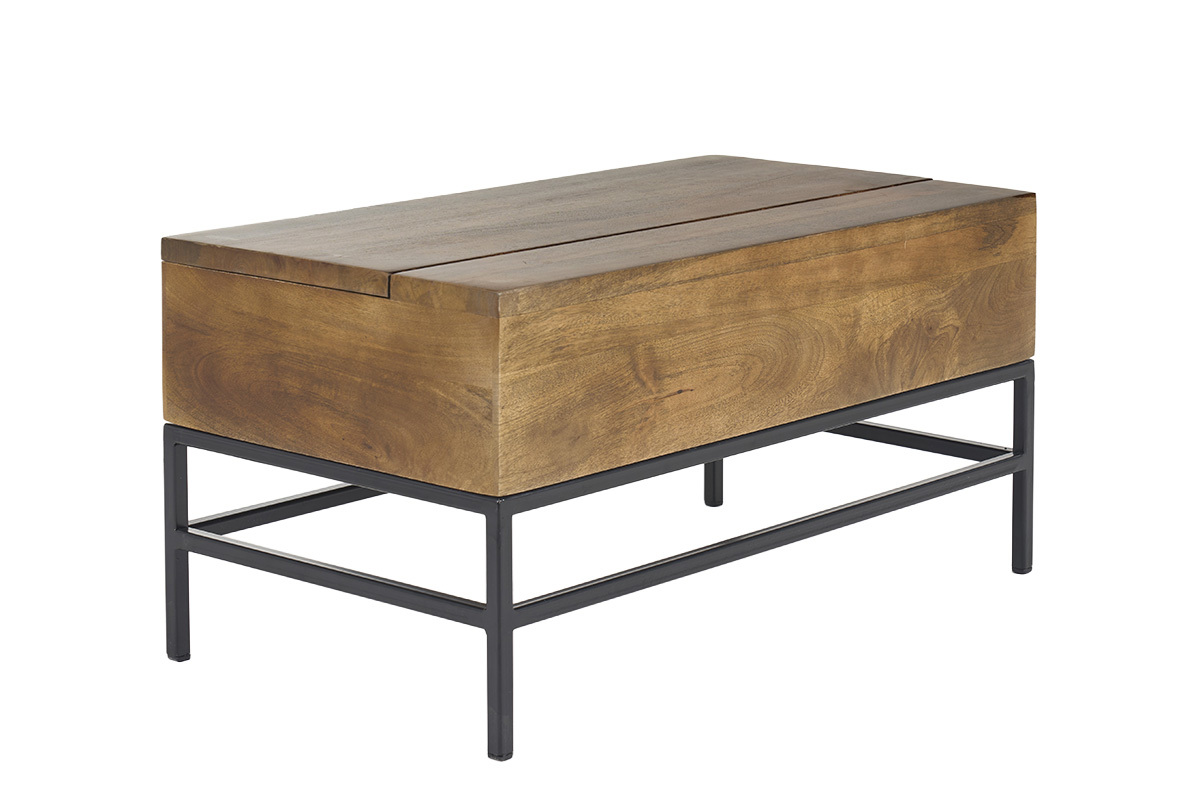 Table basse relevable en bois manguier massif teint� et m�tal noir, angle 3/4.