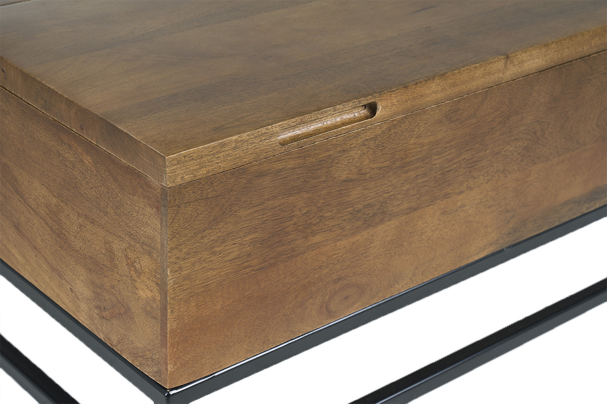 Table basse relevable en bois de manguier massique teint� et m�tal noir, vue de dessus.