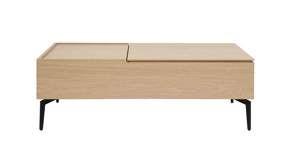 Table Basse Relevable Avec Rangement - Plateau En Bois, Pieds Métal - Dimensions 122 X 55 X 43,5 Cm (hauteur Réglable +22 Cm) - Blanc Et Marron